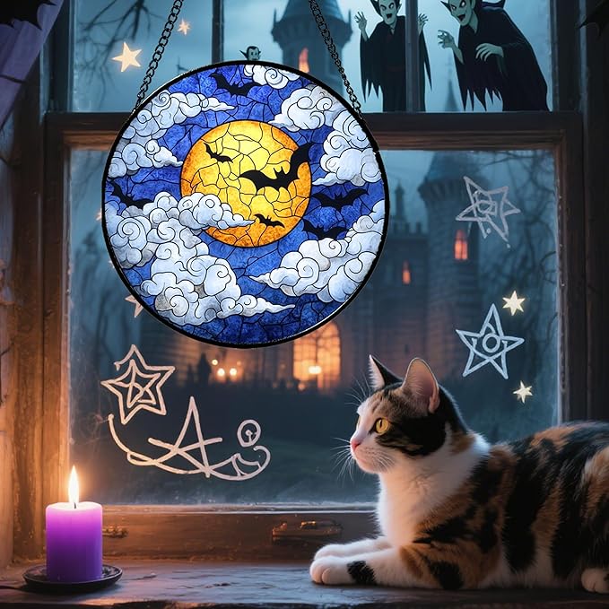 Stained Glass Window Hanging - Halloween Decorations Bats Moon Clouds Suncatcher for Doors Garden Indoor Spooky Funny Sun Catchers Gothic Decor Horror Gifts for Women Men Friend 11.8 in