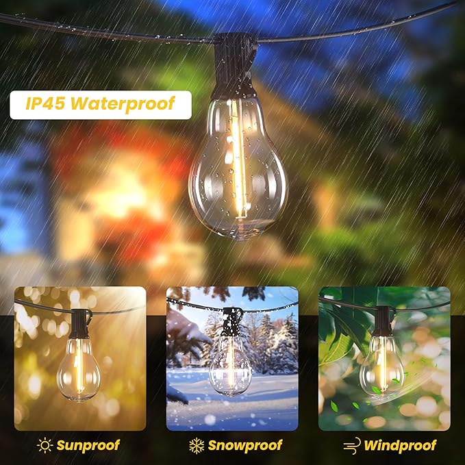 DAMAING Outdoor string lights 75FT Waterproof patio string lights with 38 Shatterproof Dimmable A39 LED Bulbs, 2FT bulbs apart Connectable Outdoor Lighting for Backyard Garden Bistro and Balcony 2200K