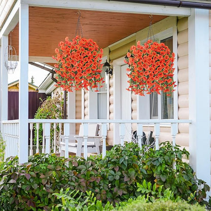 Ivydale 2 PCS Artificial Fall Hanging Flowers Fake Plants Outdoor,Silk Morning Glory Faux Flowers with Eucalyptus,UV Resistant Realistic Petunias Plants for Home Garden Decor (Orange(Leaves Green))