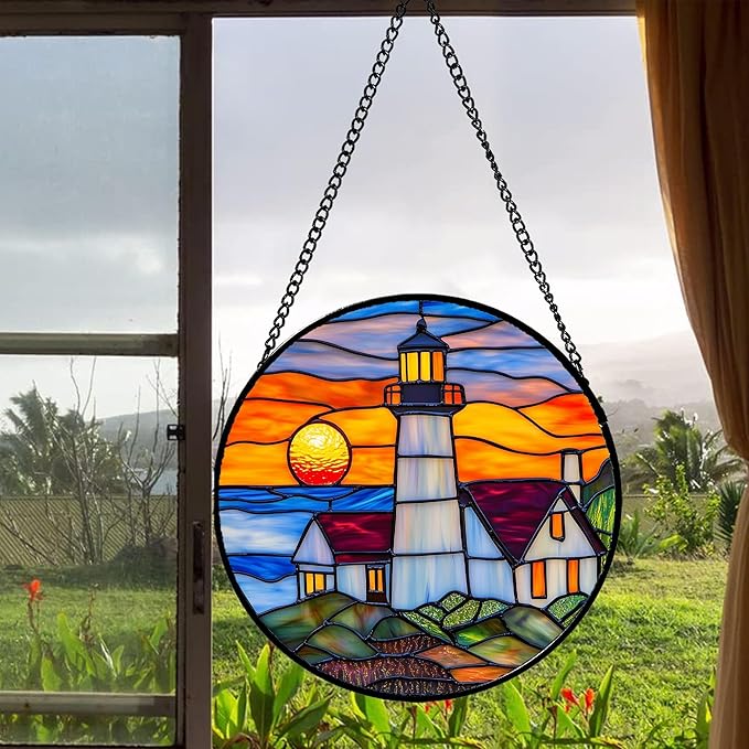 Stained Glass Window Hanging - Sea Lighthouse Suncatcher for Door Terrace Garden Home Decor Sunset Beach Scenery Sun Catcher Birthday Gifts for Lovers Women Men Dad Mom Nana 6.3 in