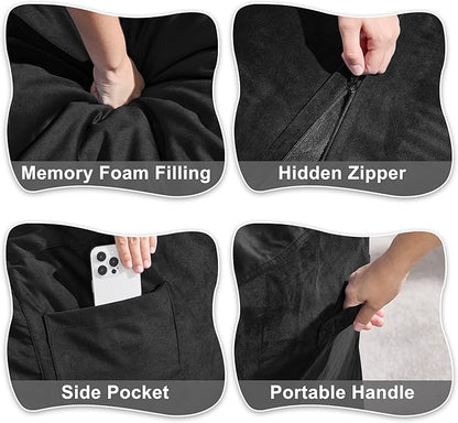 Hobestluk 6FT Bean Bag Chair Bean Bag Chairs for Adults Giant Bean Chairs with Velvet Cover, Memory Foam BeanBag Chair Fluffy BeanBag Chairs for Living Room, Bedroom- Black (70" x 70" x 15")