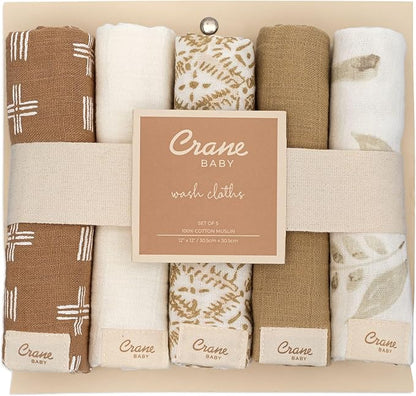 Crane Baby Wash Cloth Set, 100% Cotton Safari Animal Theme, Set of 5 Washcloths for Newborn, Muslin, Baby Registry Gift