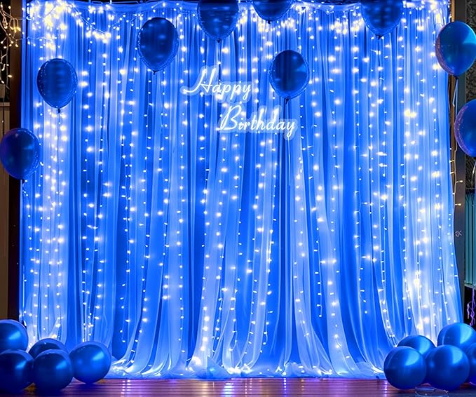 Royal Blue Backdrop Curtains with Lights String for Wedding Parties Sheer Tulle Backdrop Curtain Panels for Bridal Shower Baby Shower Birthday Photo Shoot Background Decorations 2 Panels 10×10ft