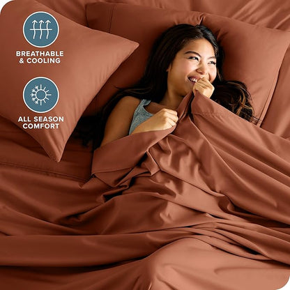 Bare Home Twin XL Sheet Set - 1800 Ultra-Soft Microfiber Twin Extra Long Sheets - Double Brushed - Deep Pockets - Easy Fit - Extra Soft - 3 Piece Set - Bed Sheets & Pillowcases (Twin XL, Terracotta)
