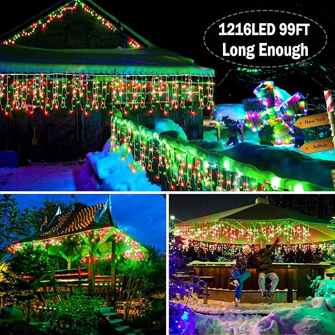 KNONEW 99ft 1216 LED Christmas Lights Outdoor Decorations with 228 Drops, 8 Modes Curtain Fairy Light, Clear Wire LED String Light Decor for Wedding Party Christmas (Red and Green)