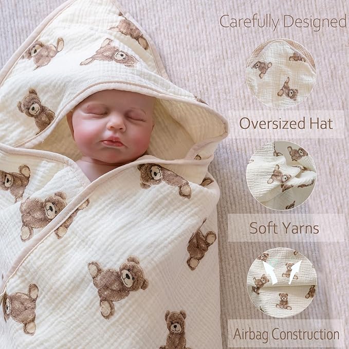 Little Jump Hooded Baby Towels for Newborn - 2 Pack 100% Cotton Muslin Baby Bath Towel, Soft and Absorbent for Boys Girls Infant, Large 32x32 Inches (Teddy Bears & Khaki)