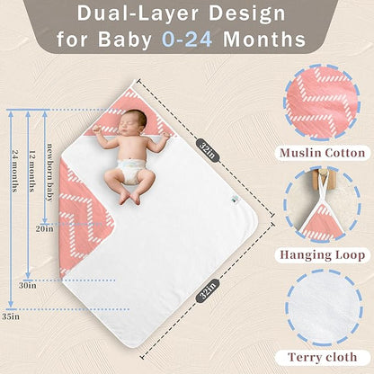 VOOVA & MOVAS 2Pack Hooded Baby Towels - 100% Muslin Cotton,450GSM, 32x32 Inches,0-24Months, Super Absorbent Large Bath Towel with Hood for Newborn,Toddler,Infant, Pink Geometry & Rainbow Patten