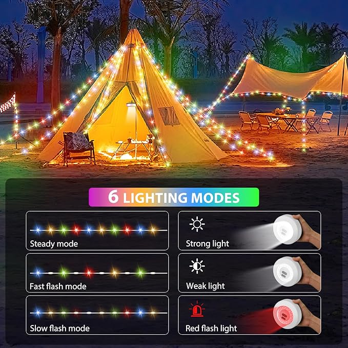 Camping String Lights, 4 in 1 Quick Storage 32.8FT Rechargeable Tent Lights with 6 Modes Hanging Waterproof Camp Lamp Camping Essentials for AwnTent Hiking Yard Garden Bedroom Festival -Multicolor