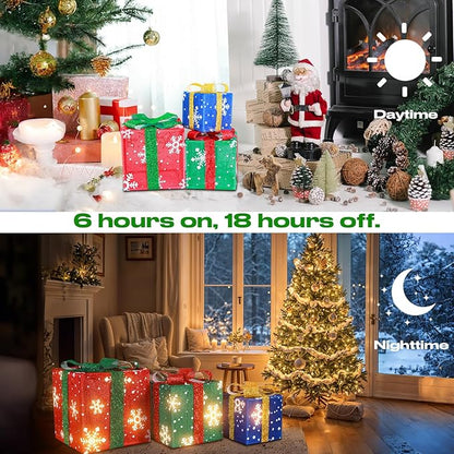 Christmas Lighted Gift Boxes, Set of 3 Light Up Boxes Set, Holiday Decorations, Battery Operated 8 Light Modes for Holiday Indoor Outdoor Christmas Tree, Yard, Home Decor