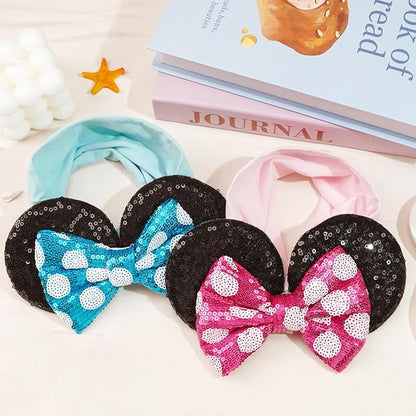 Baby Girl Mouse Ears Headbands with Sequin Bow, Wide Nylon Turban Hairband, Theme Park Headwear, Hair Bow Headband for Toddler, Kids, Party Supplies