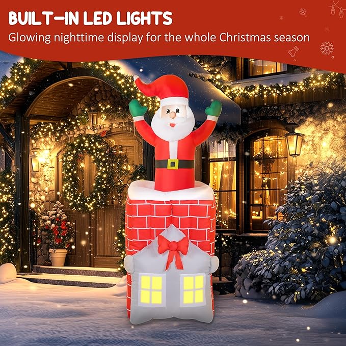 Outsunny 7FT Christmas Inflatable Santa in Chimney Up and Down, Outdoor Blow Up Santa Claus Christmas Decoration with Built-in LED Lights, Easy to Inflate for Indoor Party, Lawn, Garden, Holiday Decor