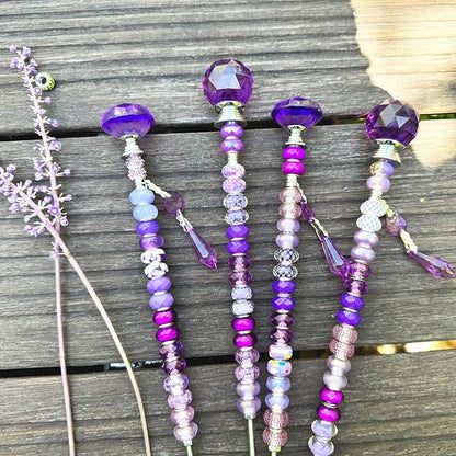 Exway 100 PCS DIY Fairy Wand Beaded Garden Stake Beads Kits with Purple Large Hole Beads 4 Crystal Stopper Top Threaded Rods and 4 Purple Sparkling Crystal Pendants for Outdoor Indoor Decor