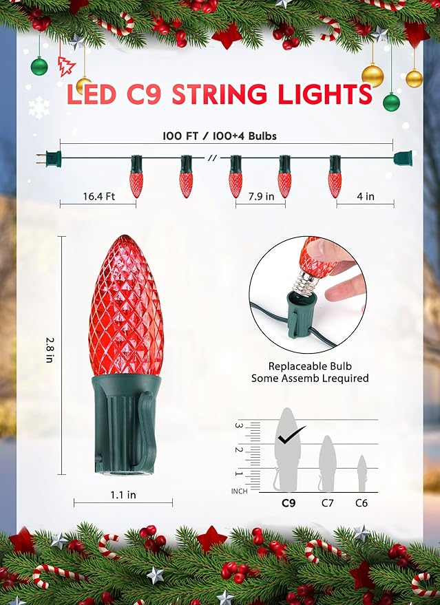 Minetom C9 Christmas String Lights, 100 Ft Red C9 Outdoor Christmas Lights with 100 Strawberry C9 Led Bulbs, Connectable UL Certified for Outdoor Indoor Roofline Holiday Backyard Xmas Decor