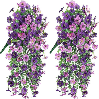 Artificial Faux Hanging Flowers Plants for Outdoor Decor 2 PCS Outside Fake Mums Violets with Eucalyptus UV Resistant Realistic Daisy Trailing Vines for Yard Balcony Porch Decor (Double Purple)