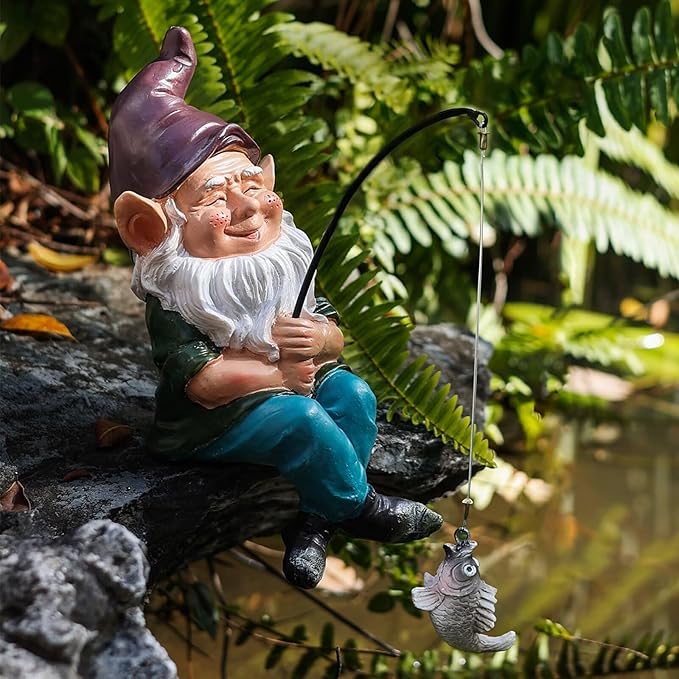 Gnomes Decoration for Yard Outdoor Garden Decor 9.7 Inch Tall Fishing Gnome Statue for Koi Pond, Waterfalls or Poolside Ornaments, Fisher Guy Outdoor Statues, Gift for Mom & Women