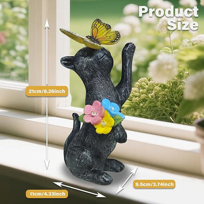 Solar Cat Garden Decoration Outdoor Statues - Cat with Butterfly Flowers Decorative Figurine for Yard Patio Lawn Porch Pathway Landscape Ornament Funny Birthday Gift for Mom Women