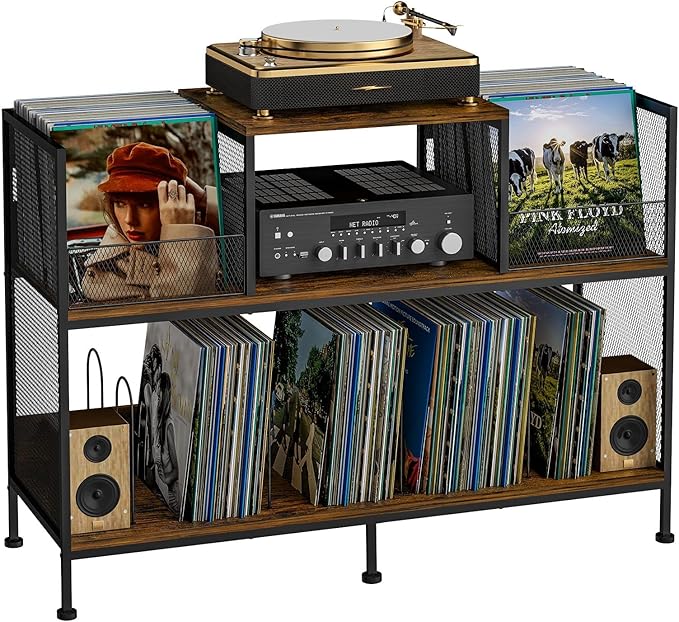 Large Vintage Record Player Table with 4 Adjustable Dividers, Vinyl Record Storage Cabinet for Up to 350 Albums, Medieval Turntable Stand for Living Room, Bedroom (Patent Pending)