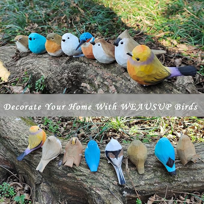 Handmade Wooden Carved Bird Decor Sculpted Hand-Painted Bird Figurines Small Home Decor Bird Statue Shelf Decor BFF Gifts for Bird Lovers (Suit 2)