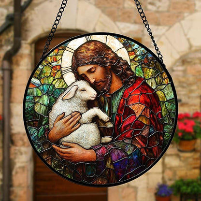 Stained Glass Window Hanging, Jesus Little Lamb Sun Catchers Colorful Glass Panel Christianity Suncatcher Decor for Birthday for Women, Men, Wife, Aunt, and Mom 6.3 in