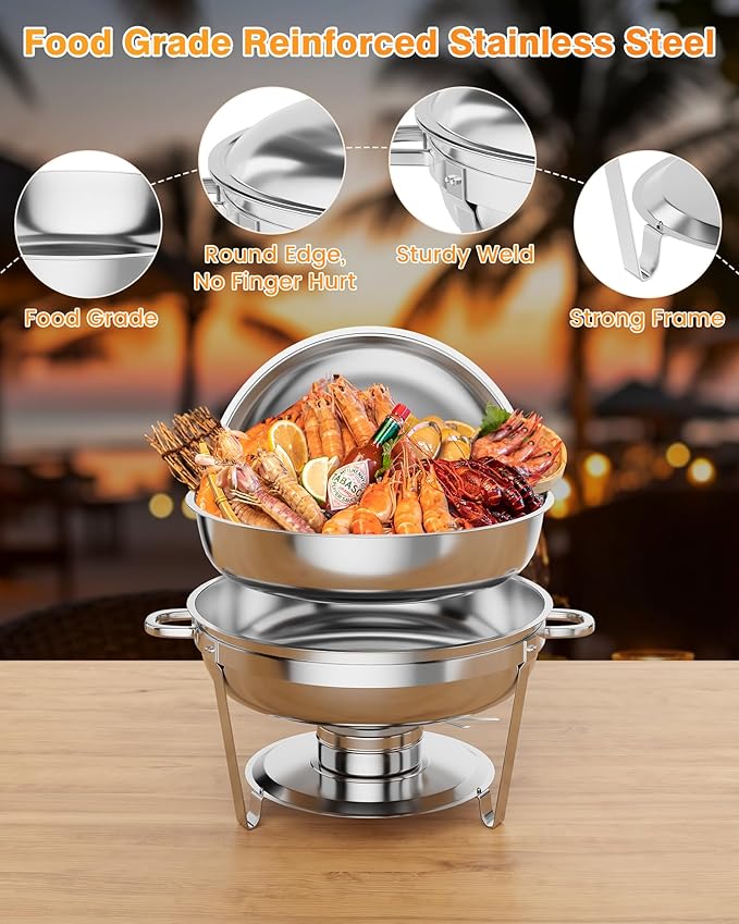 Chafing Dish for Buffet, 5 QT Round Chafing Dishes Buffet Set w/Lid Holder, Stainless Steel Chafers and Food Warmers With Spoon and Tweezers for Parties, Weddings (Silver, 6 Pack)
