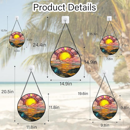 Stained Glass Window Hanging, Sunrise Over The Sea Suncatcher Diamond Glass Panel Hangings Abstract Sun Catchers Decor for Birthday for Women, Men, Wife, Aunt, and Mom 14.9 in