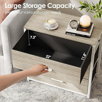 Nightstand, End Table, Bedside Table, Tall Fabric Dresser with 3 Drawer, White Drawers Small Chests of Drawers Organizer Storage Tower with Steel Frame, Wooden Top & Front for Bedroom