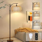 Arc Floor Lamps for Living Room Rattan Boho Floor Lamp with Remote Control,Dimmable LED Floor Lamps Wicker Lamp Shades Black Standing Lamp with 3 Color Temperature Tall Floor Lamp For Bedroom Corner
