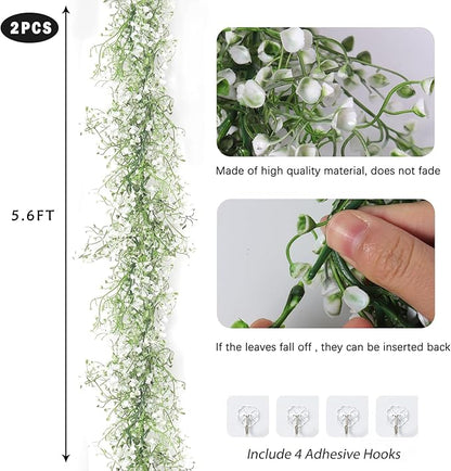 RECUTMS Artificial Hanging Plant 2Pcs 5.6Ft Fake Garland Plant Greenery Faux Ferns Leaves Ivy Garland for Home Indoor Outdoor Wedding Farmhouse Mantle Table Centerpiece Party Garden Decor(White)