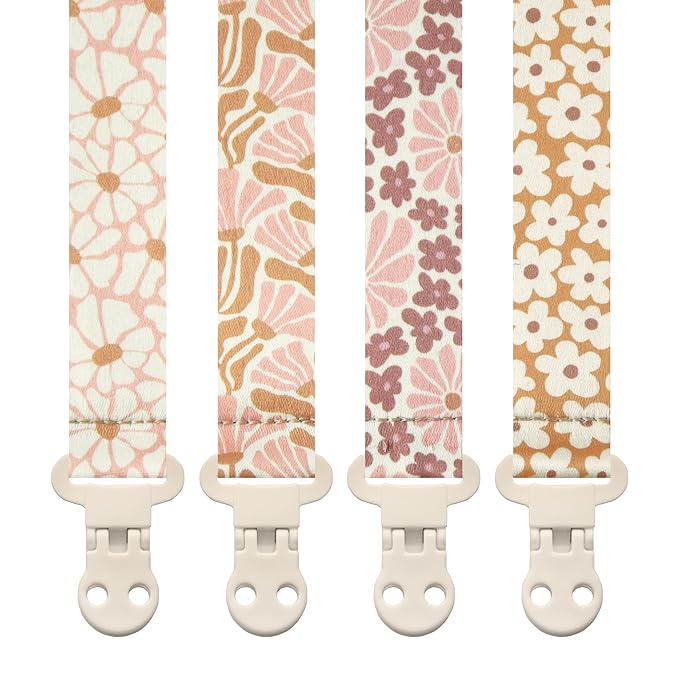 Stadela Baby Pacifier Clip Holder - Girl 4 Pack Gift Set – Boho Modern Pink and Beige Flowers Floral (Nolana)