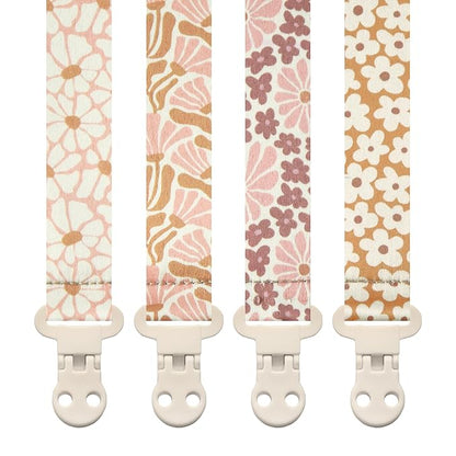Stadela Baby Pacifier Clip Holder - Girl 4 Pack Gift Set – Boho Modern Pink and Beige Flowers Floral (Nolana)