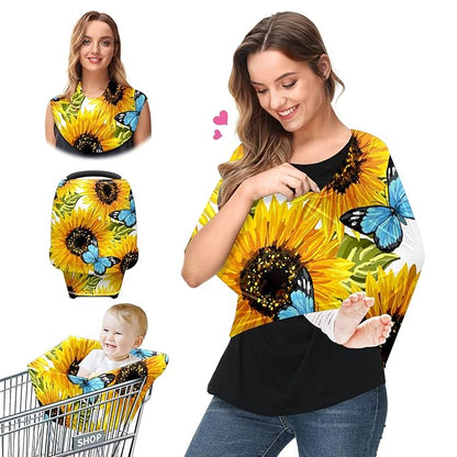 Baby Car Seat Stroller Covers Sunflower and Butterfly Nursing Cover Breastfeeding Scarf Soft Breathable Stretchy Infant Car Canopy Coverage Carseat Cover for Boys and Girls Multi Use