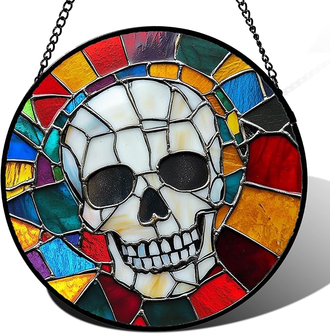 Stained Glass Window Hanging Halloween Horror White Skull Large 15" - Suncatcher Door Garden Kitchen Sun Catcher Home Gothic Decor Birthday for Mom Men Woman Friend Grandma