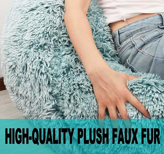 Fluffy Bean Bag Chair for Kids, 2.5FT Round Memory Foam Filled Bean Bag for Teens & Kids, Ultra Soft Faux Fur Fabric Bean Bag Chairs for Playroom, Living Room, Bedroom, Dark Green
