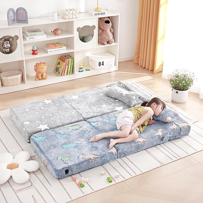 Folding Sofa Bed Floor Mattress for Kids With Pillow - Toddler Glow Washable Nap Mat for Sleeping, Child Fold Up Futon Chair Bed With Storage Bag for Girls Boys