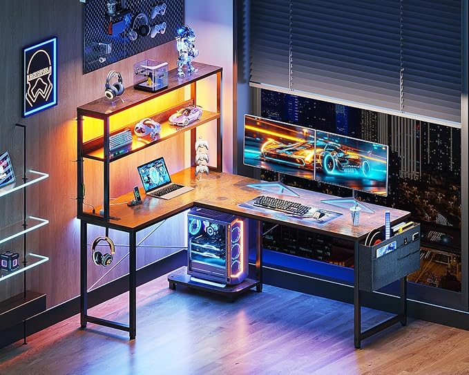 Casaottima Gaming Desk with Power Outlets & LED Lights, 53 Inch Reversible L Shaped Computer Desk with Shelves & Storage Bag, Corner Desk for Home Office, Vintage