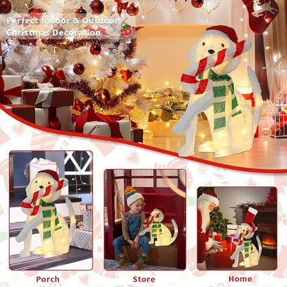 Christmas Lighted Dog Decoration 3D Glittered Fluffy Puppy with Candy Cane Battery Operated Lighted Up Ornament Outdoor Indoor Christmas Decoration for Home Lawn Yard Garden Display