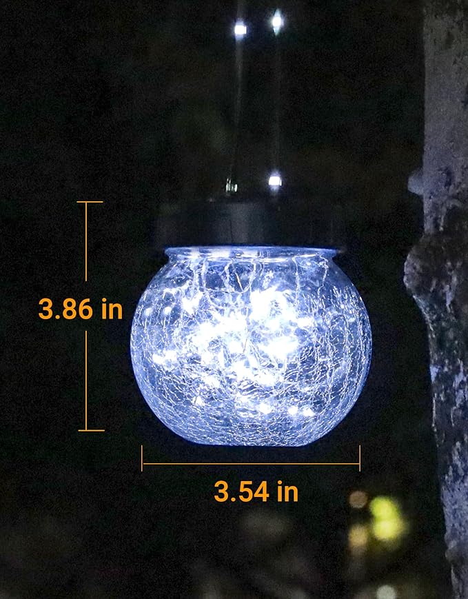PARTPHONER Solar Lights Outdoor Waterproof 12-Pack, Solar Powered Hanging Lantern Cracked Glass Hanging Globes for Yard Decor Christmas Decoration, Shepherd Hook, Garden Tree Ornaments, Cold White