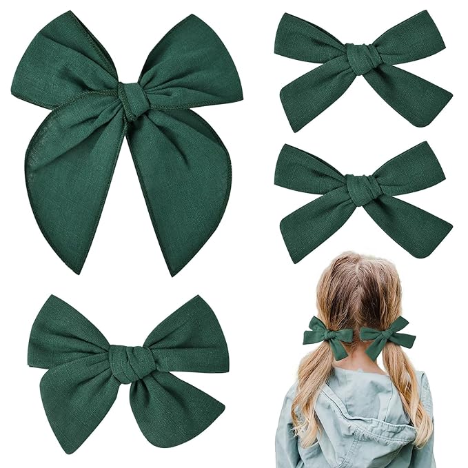 DEEKA 4 PCS Dark Green Cotton Linen Hair Bows 3 Styles 5" & 4" Handmade Hair Bow set for Toddler Girls Alligator Hair Clips Knot Bows Hair Accessories for Little School Girls (Dark Green)