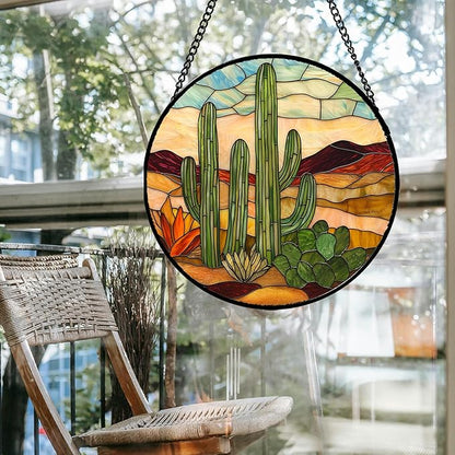 Stained Glass Window Hanging, Green Cactus Sun Catcher for Door Terrace Garden Home Decor, Abstract Desert Landscape Suncatcher Birthday Gifts for Lovers Women Men Dad Mom Nana 7.8 in