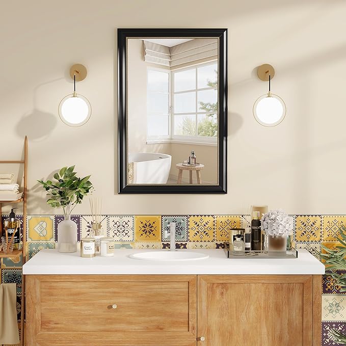 Axeman 30x40 Rectangular Wall Mirror, Decorative Bathroom Mirror, Traditional Vintage Wall Mounted Mirror with Beaded Frame for Accent Living Room Vanity Bedroom Entryway, Black
