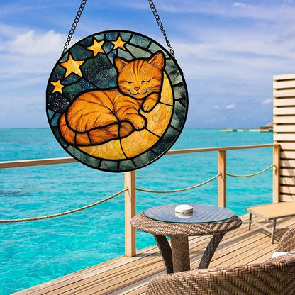Stained Glass Window Hanging - Orange Cat Sun Catcher for Door Home Decor Stars and Moon Suncatcher Christmas Mother's Day Birthday Loss of a Pet Gifts for Women Men Mom Nana 9.8 in