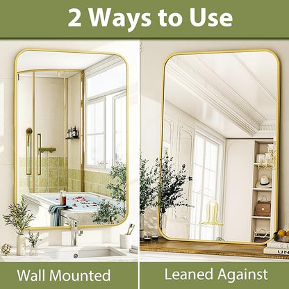 26 x 38 Inch Bathroom Mirror, Rounded Rectangular Vanity Mirror for Wall, Modern Mirror for Room Decor, Gold Framed Wall-Mounted Mirrors for Home Decor, Hangs Horizontally or Vertically