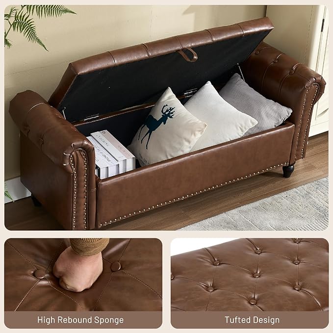 Furniliving 55” End of Bed Bench, Bedroom Bench with Button-Tufted, Large Upholstered Storage Ottoman Entryway Bench with Storage Shoe Cabinet Bench, for Bedroom, PU, Brown