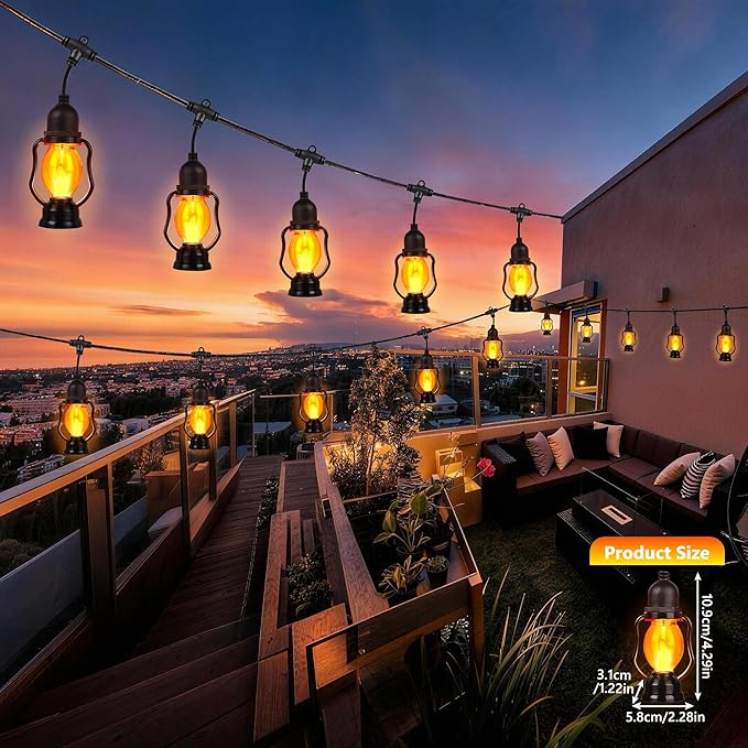 Zeiliuled Flame Outdoor String Lights, 21FT Patio Lights with 10 Flickering Flame Bulb, Timer, Waterproof LED Outdoor Decorative Orange Lights for Patio, Yard, Bistro, Porch, Garden Decor