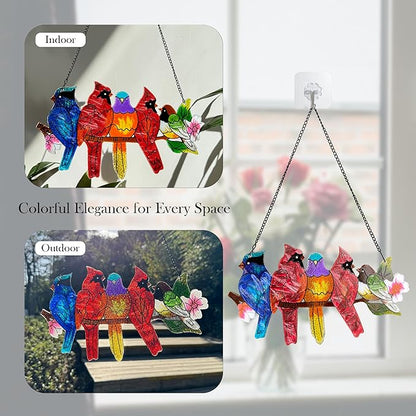 Stained Glass Window Hanging - Large Stained Glass Birds on Branch, Birds Sun Catchers Indoor Window with Chain and Hook Gifts for Bird Lover, Mom, Grandma, Stocking Stuffers for Women