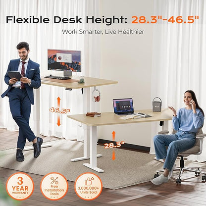 Huuger 63 x 28 Large Electric Standing Desk, Height Adjustable Computer Desk, 27.6" Deep Desktop, Stand up Gaming Office Table with 2 Hooks, 3 Preset Heights, for Home Office, Oak