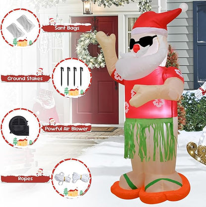 4FT Christmas Inflatable Santa Claus Holiday Decoration,Fun Xmas Santa Blow up Decor for Indoor Outdoor Yard Garden Lawn Party, Hawaii Theme Santa Wear Colorful Shirt Cool Sunglasses