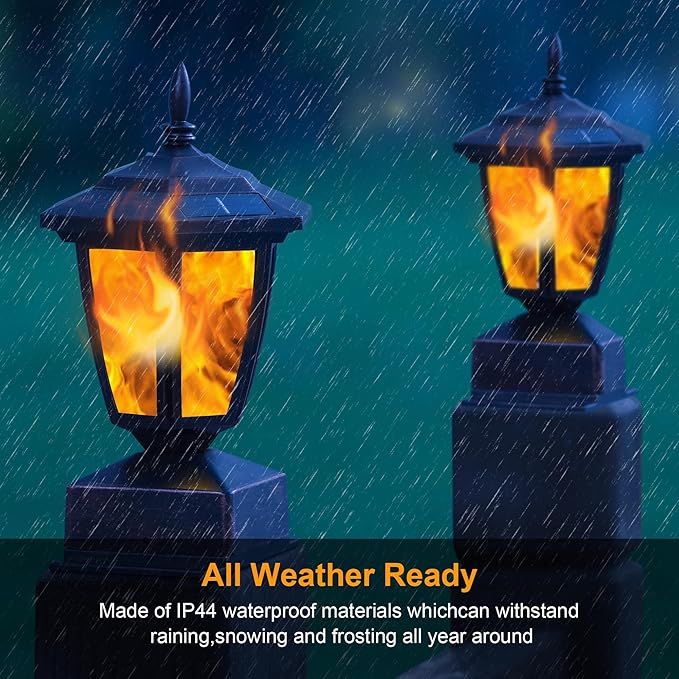 Dynaming 4 Pack Solar Flame Post Lights Outdoor, Solar Powered Lamps Fence Post Cap Lights, Flickering Flame LED Lantern Waterproof for Garden Deck Patio, Fit 4x4, 5x5 or 6x6 Wooden Posts, Bronze