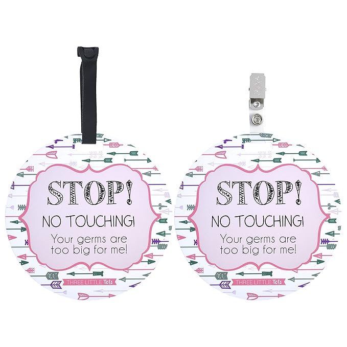 Three Little Tots Two Pack - Pink Arrow No Touhing Baby Car Seat and Stroller Signs - CPSIA Safety Tested