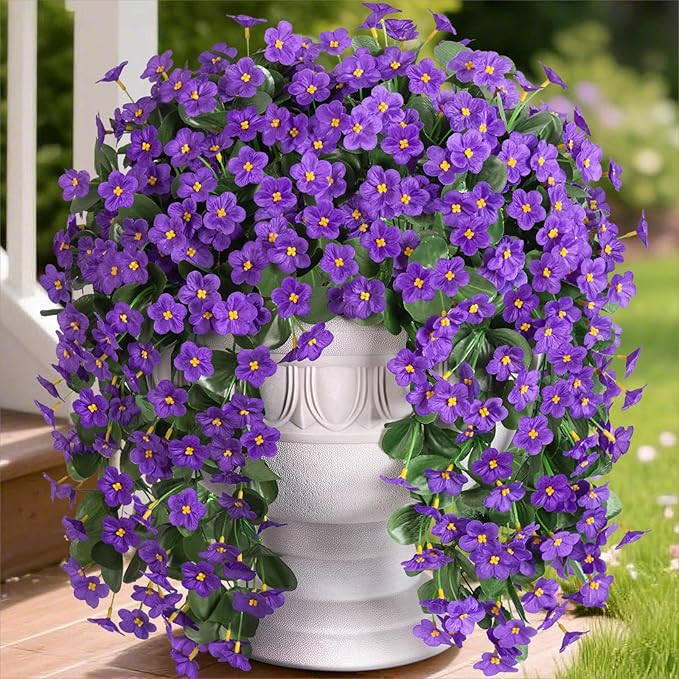 HyeFlora Artificial Faux Hanging Plants Flowers Vines for Outdoor Outside Fall Decoration, 2PCS Fake Silk Daisy Mums UV Resistant Look Real Purple Orchid Vine for Front Door Porch Planter Balcony